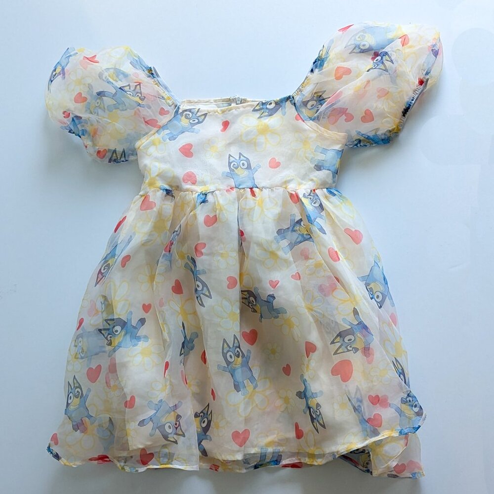 Girls' Bluey Floral Organza Puff Sleeve Valentine's Day Dress - Large. FLAWED